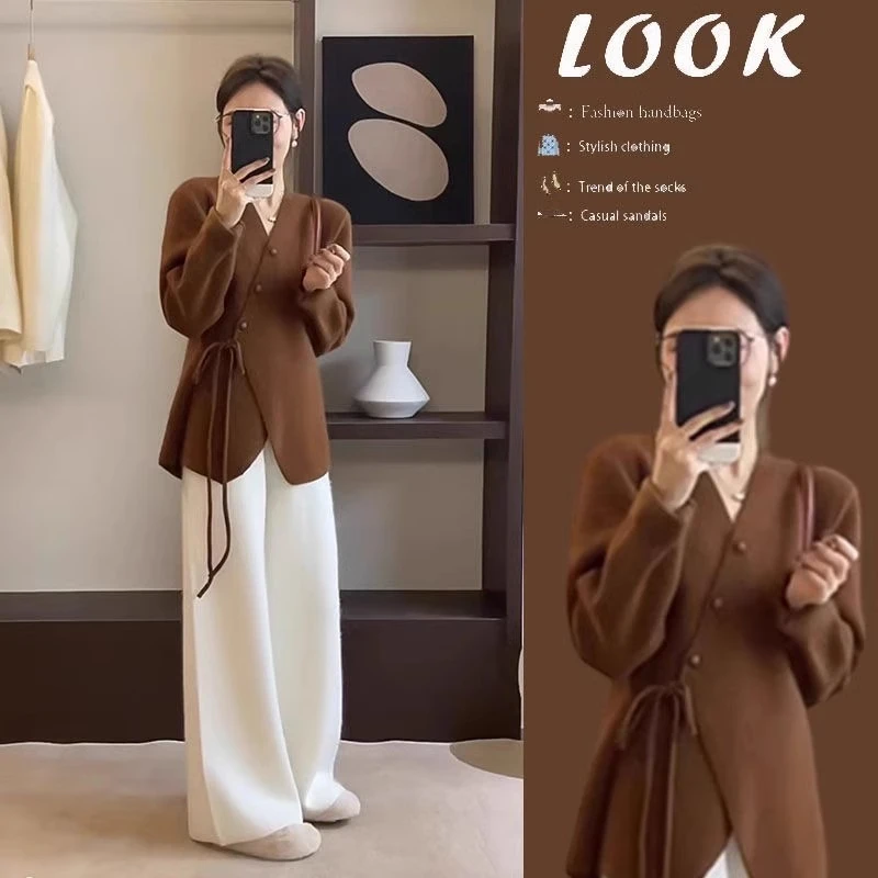 单件/早秋新装搭配女2024新款慵懒风系带毛衣开衫阔腿裤休闲潮流