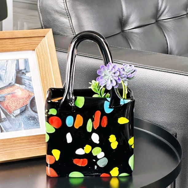 外贸原单手工制作琉璃vintage中古小众花瓶简约手提袋花瓶水培