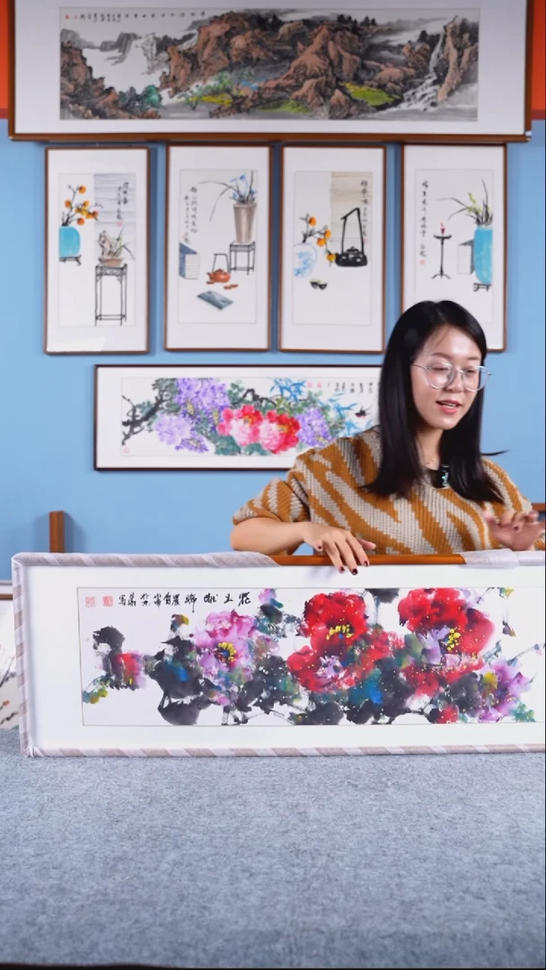 【闪购商品】绘画刘作军《花王献瑞》手绘带框122*37