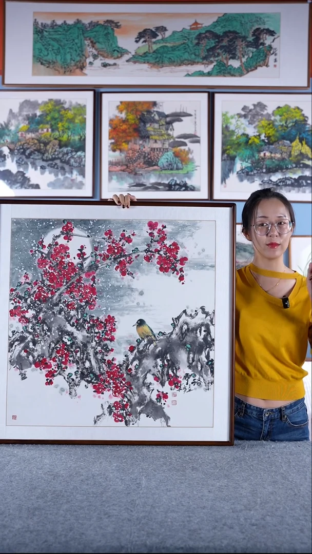 【闪购商品】绘画田小萍《浴雪梅花》手绘带框83*83