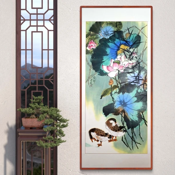 《荷花》周曰友纯手绘国画玄关办公室茶室挂画带框170*80