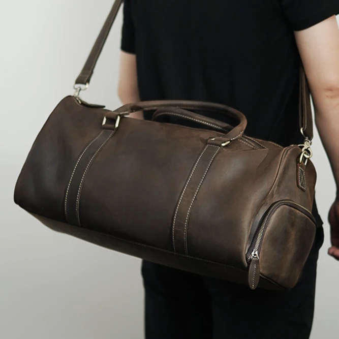 鹿小墨头层真牛皮旅行包行李包单肩斜挎包手提健身包商务时尚1218