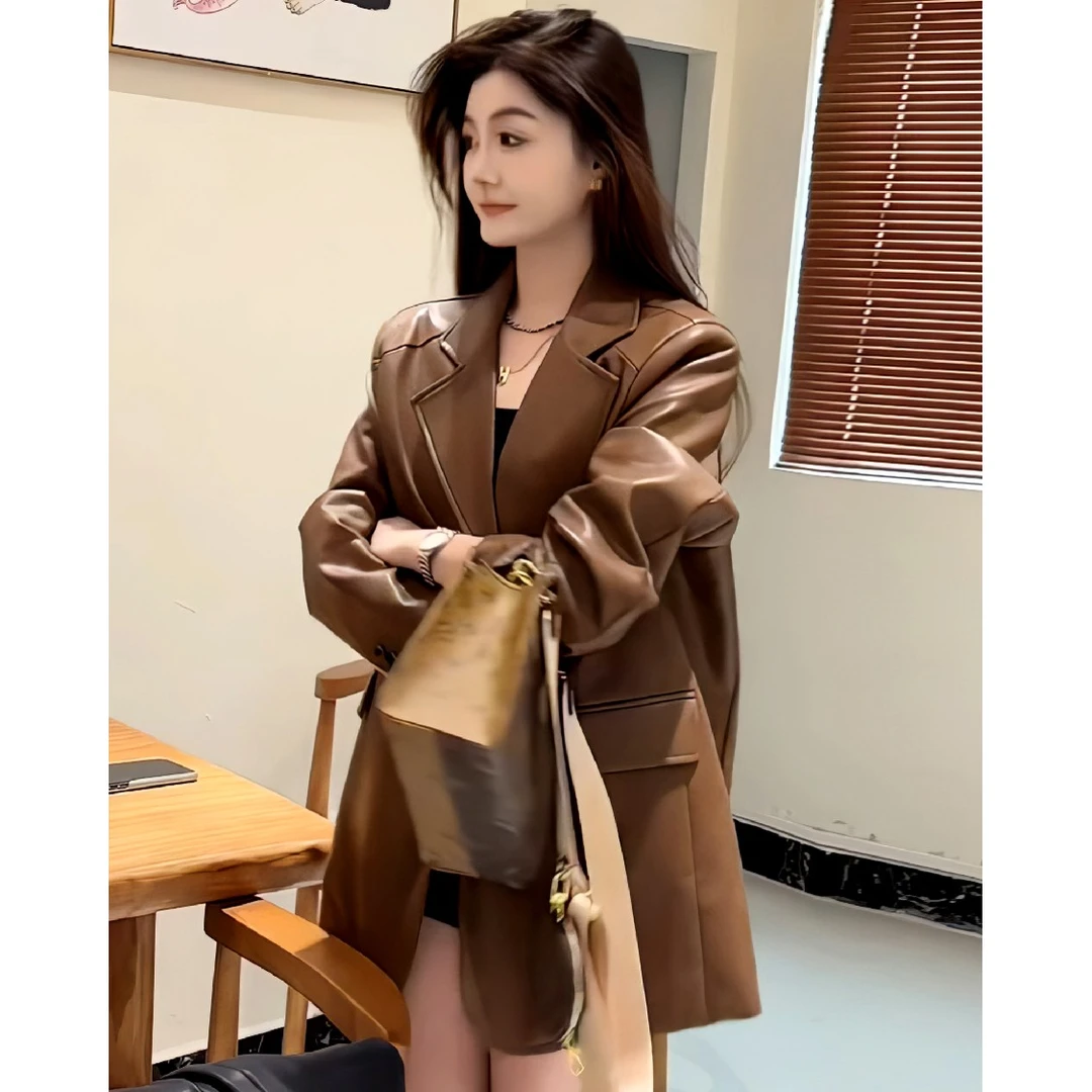 港风复古气质咖色机车服皮衣外套女2023新款英伦风PU皮西装开衫潮