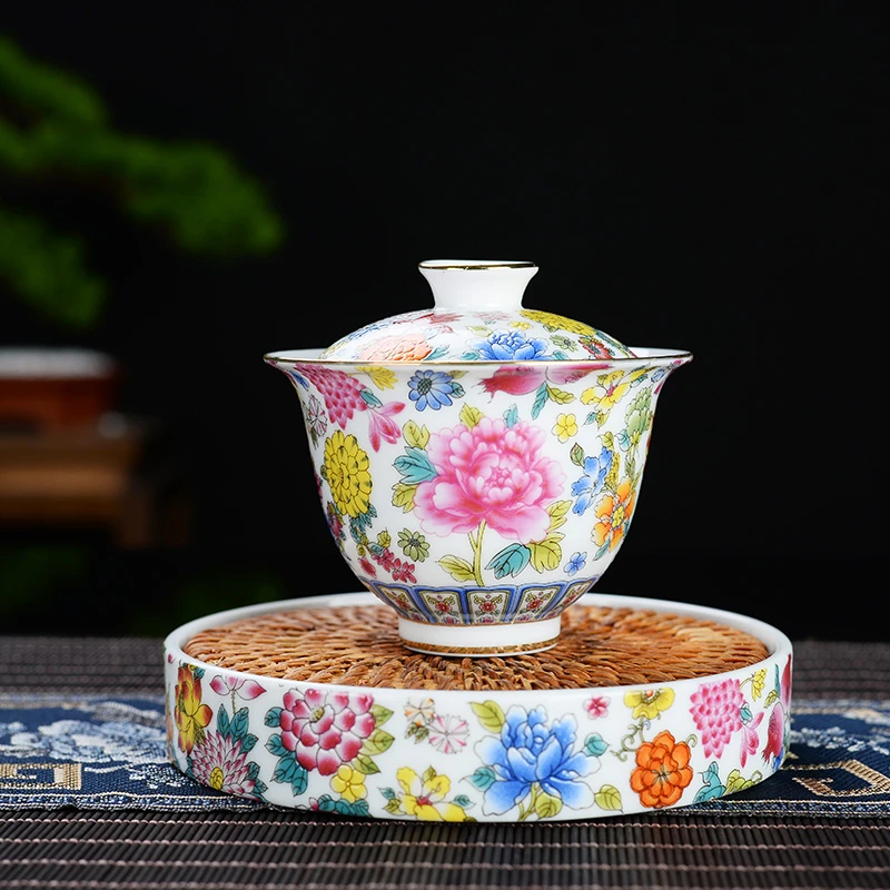 珐琅彩三才盖碗功夫茶杯陶瓷主人杯家用泡茶杯品茗杯茶盏杯宫廷风