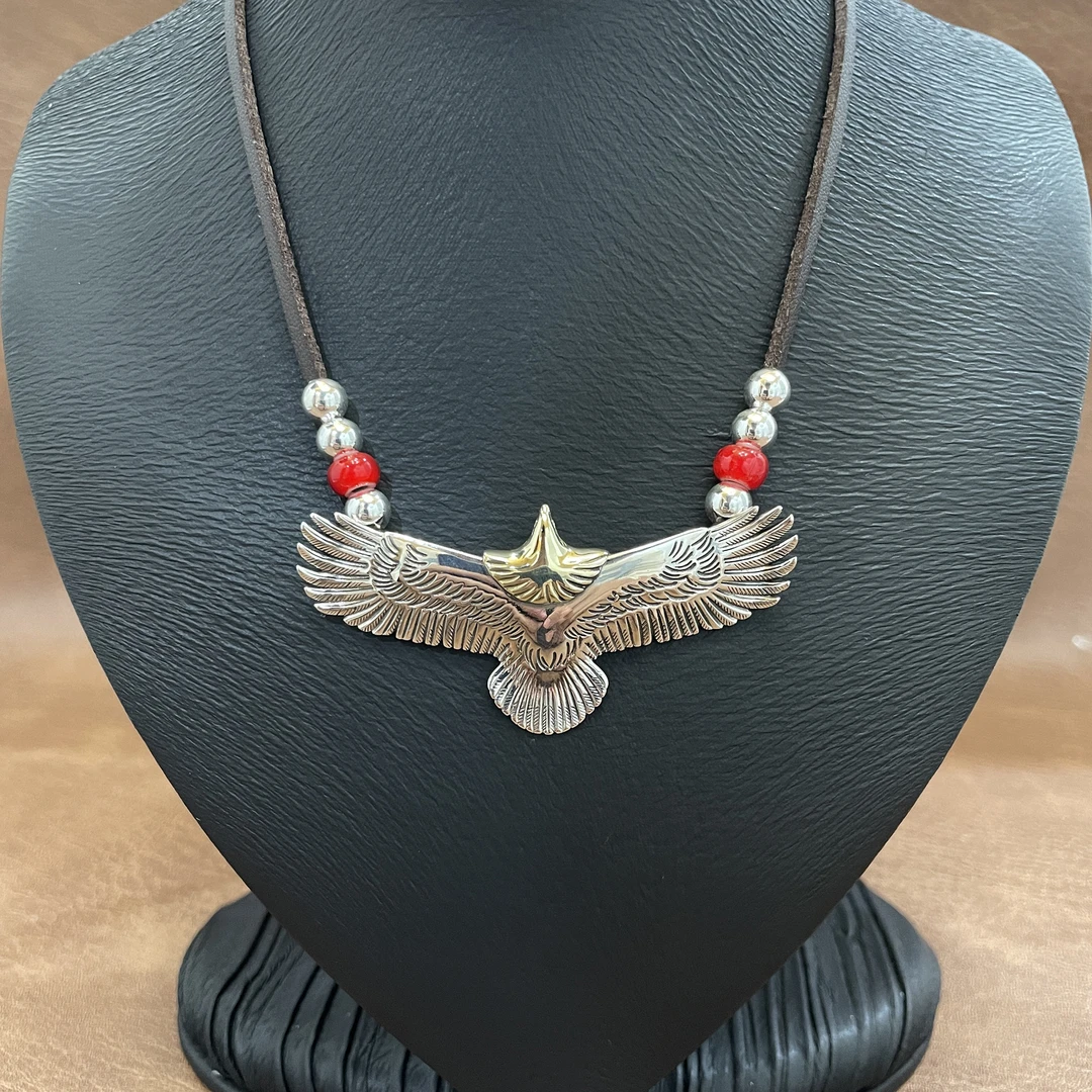 坠链均925银 印第安风格皮绳琉璃珠中号老鹰时尚潮款穿搭个性吊坠