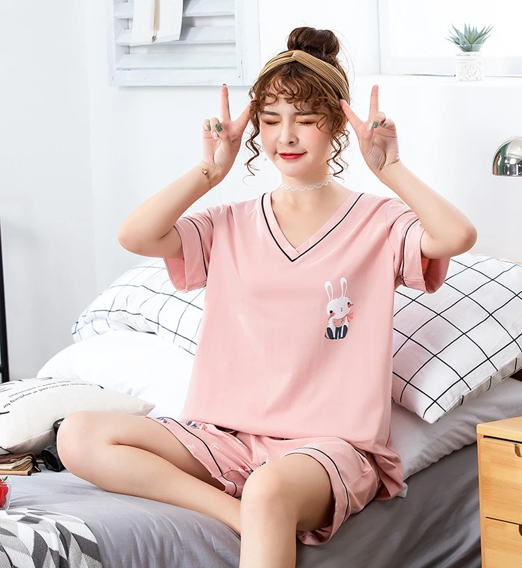 大码胖mm短袖家居服女士夏天睡衣可外穿卡通休闲两件套印花睡衣