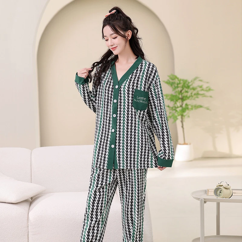 春秋大码睡衣出门款女士大码胖mm 宽松薄款长袖格子棉家居服套装