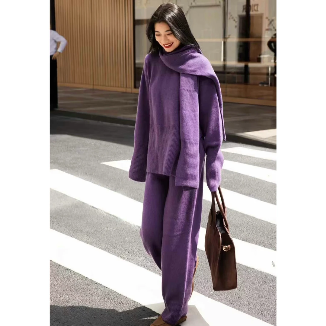 ZEROYK高级感清冷气质套装秋冬绝美紫色羊毛衫休闲裤配围巾三件套