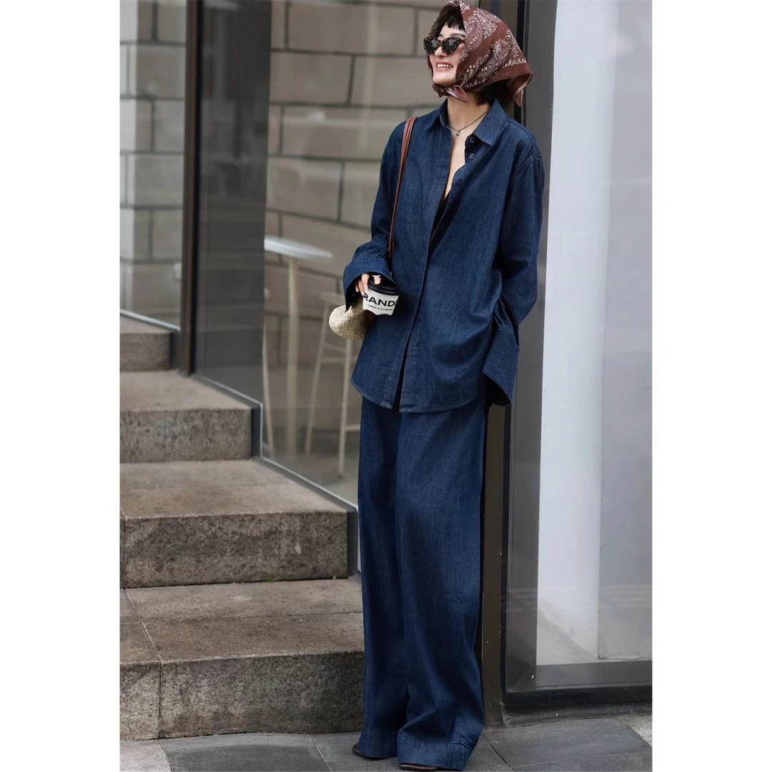 ZEROYK老钱风套装女高级感蓝色牛仔衬衫上衣阔腿裤松弛感两件套