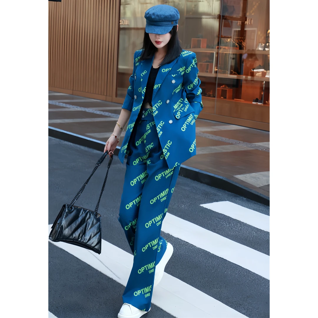 ZEROYK高端职业通勤OL工装秋季大牌气质字母印花西装阔腿裤两件套
