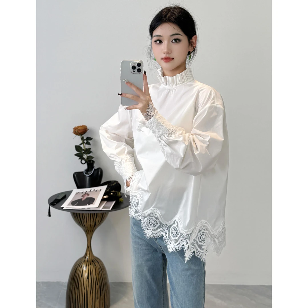 ZEROYK春季法式优雅白色衬衫蕾丝拼接独特设计轻奢高支棉百搭衬衣