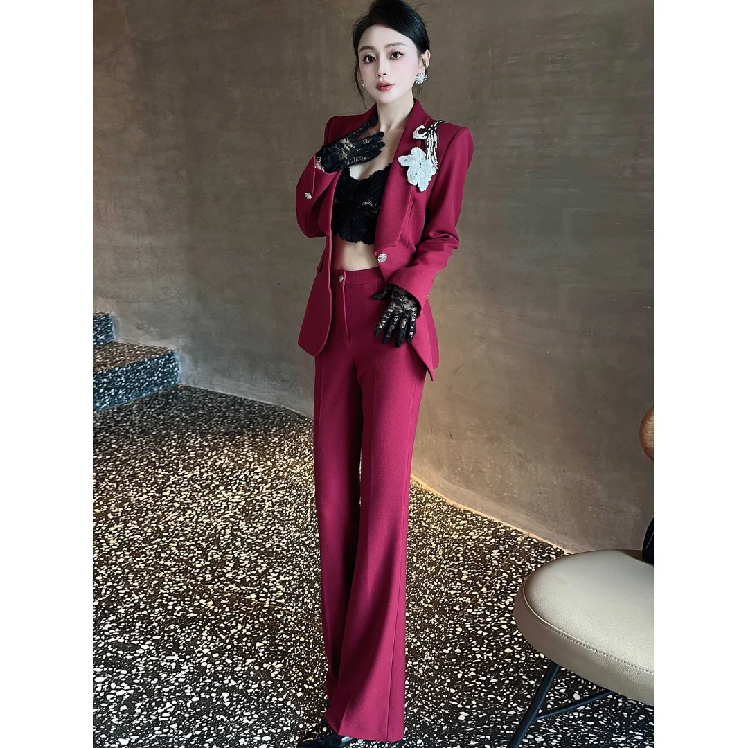 ZEROYK红色西装套装女设计感重工珠花收腰西装微喇裤气质两件套