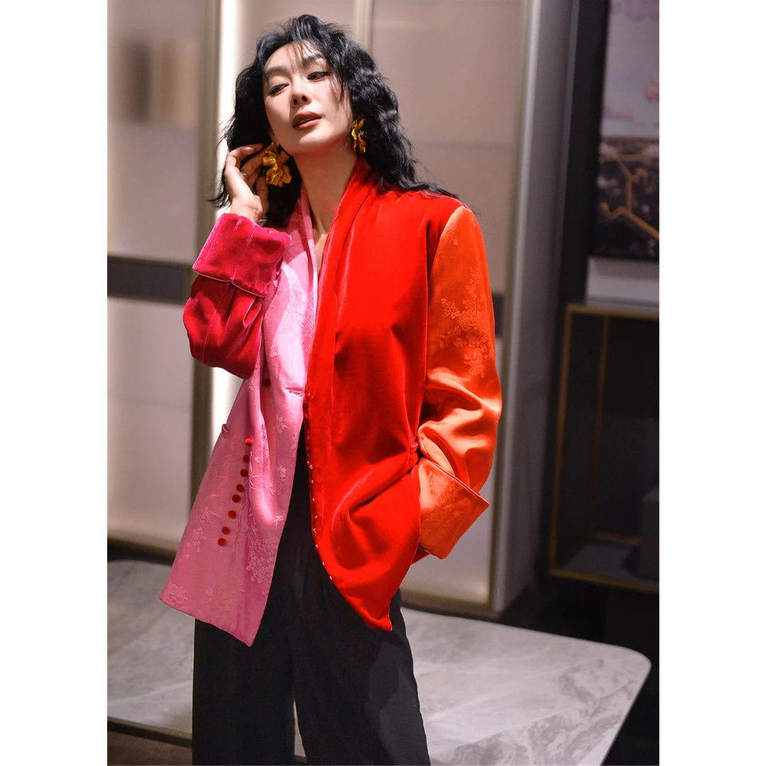 ZEROYK新中式国风外套高级感大牌气质复古提花撞色丝绒大围巾棉服