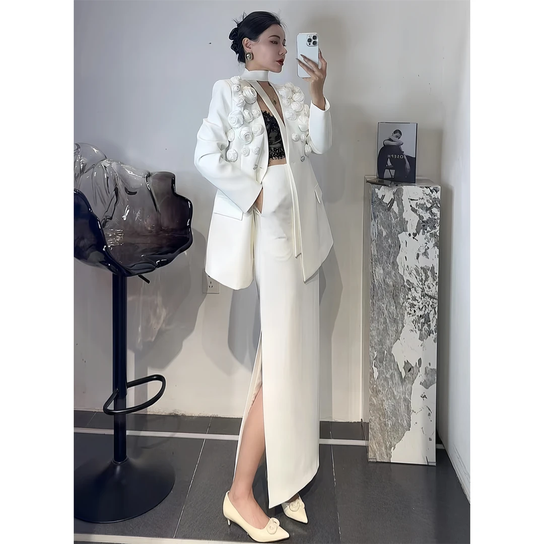ZEROYK时尚西装套装春秋高级感立体花朵带飘带西服半裙职业工作服
