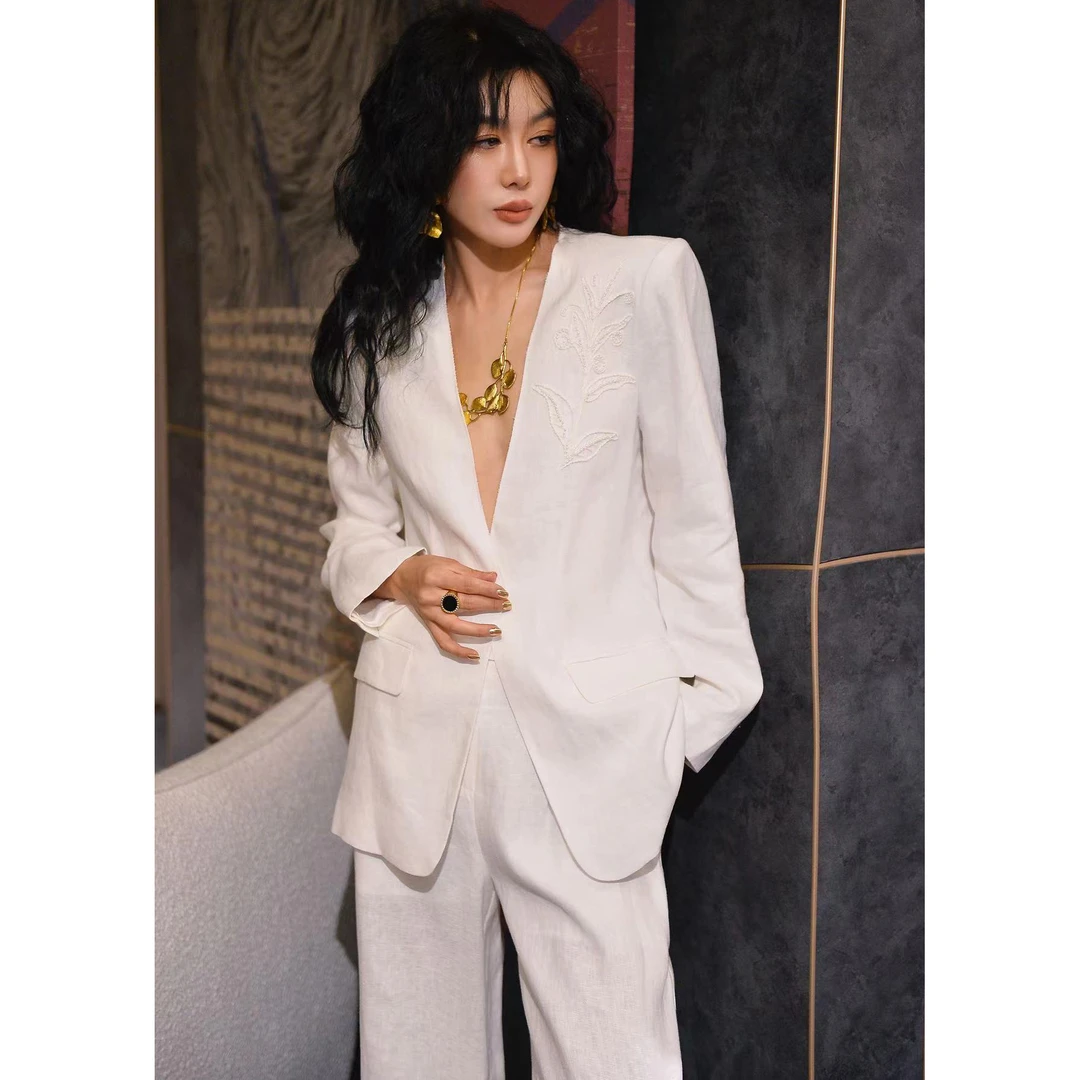 ZEROYK老钱风套装女秋季新款高级感亚麻钉珠衬衣阔腿裤休闲两件套