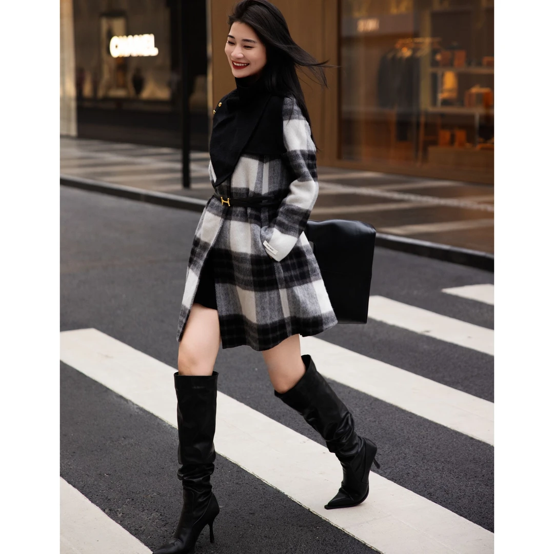 ZEROYK大牌气质双面呢大衣女设计感黑白格子纯羊毛外套斗篷可拆卸