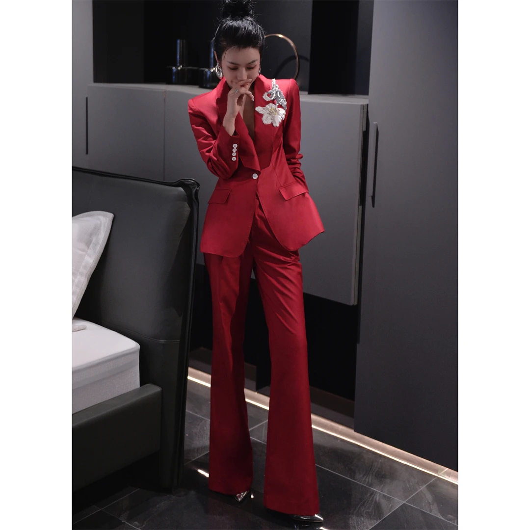 ZEROYK高端定制2024秋季新款重工珠片花朵西装微喇裤职场通勤套装