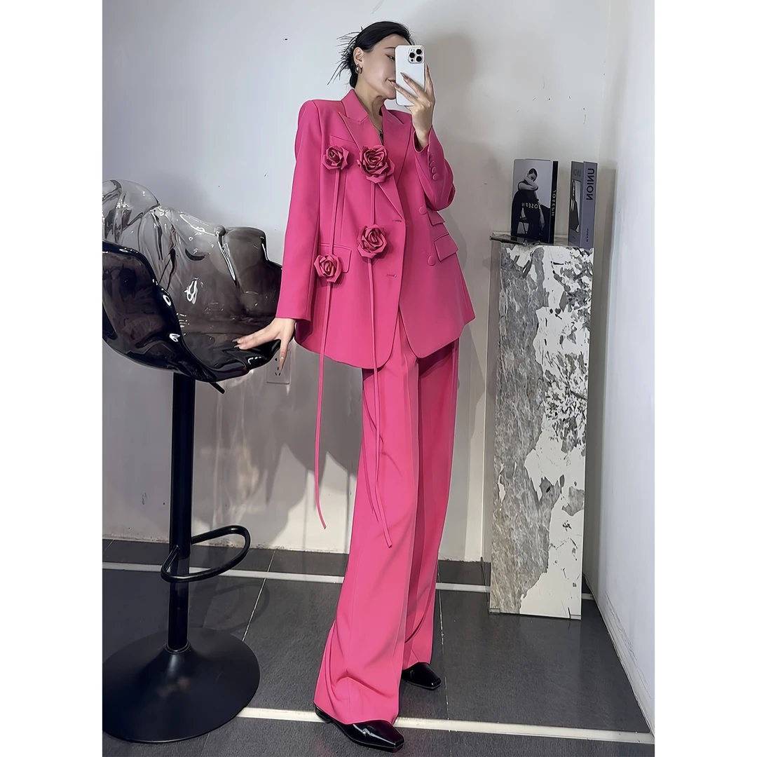 ZEROYK高级感时尚套装2025春超好看洋气减龄花朵西装阔腿裤两件套