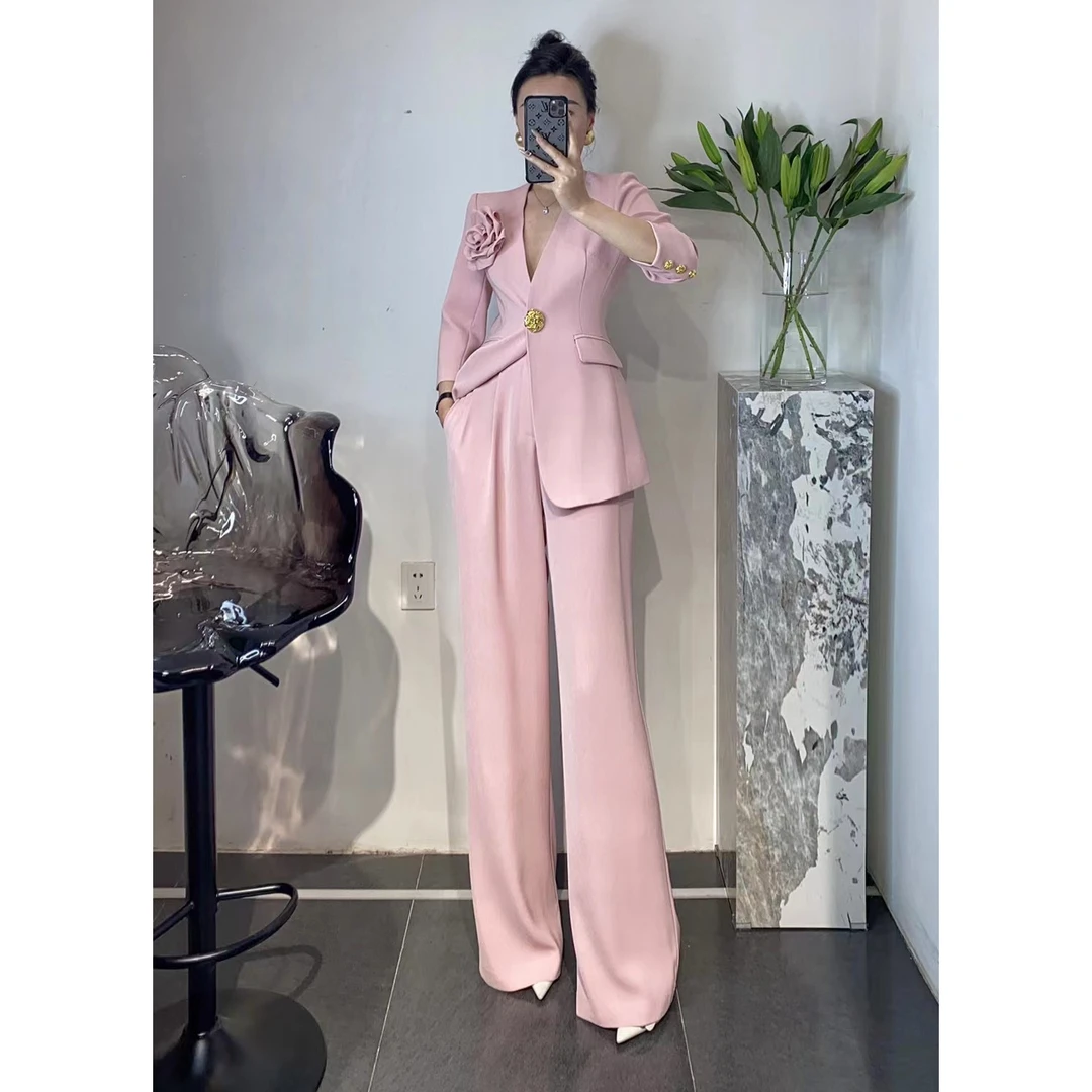ZEROYK高端职场通勤强大气场女神范花朵金扣收腰西装阔腿裤两件套