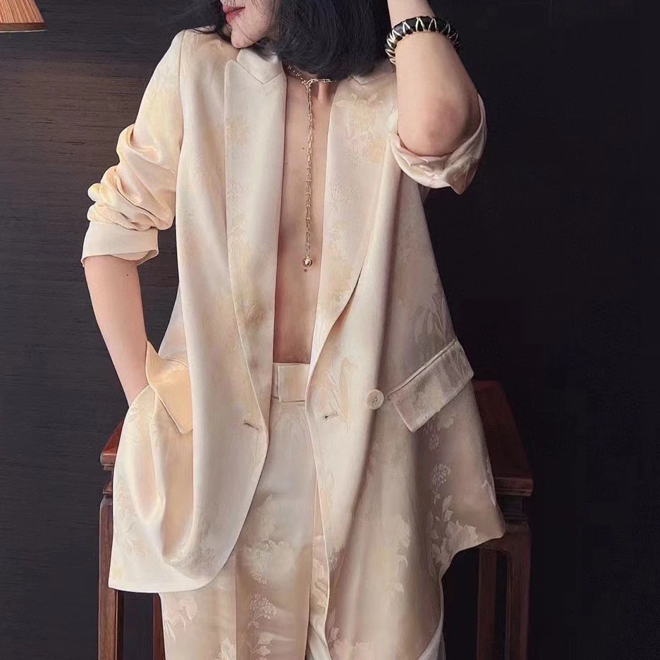 ZEROYK欧货高定职业套装设计感香槟色醋酸提花宽松西装气质两件套