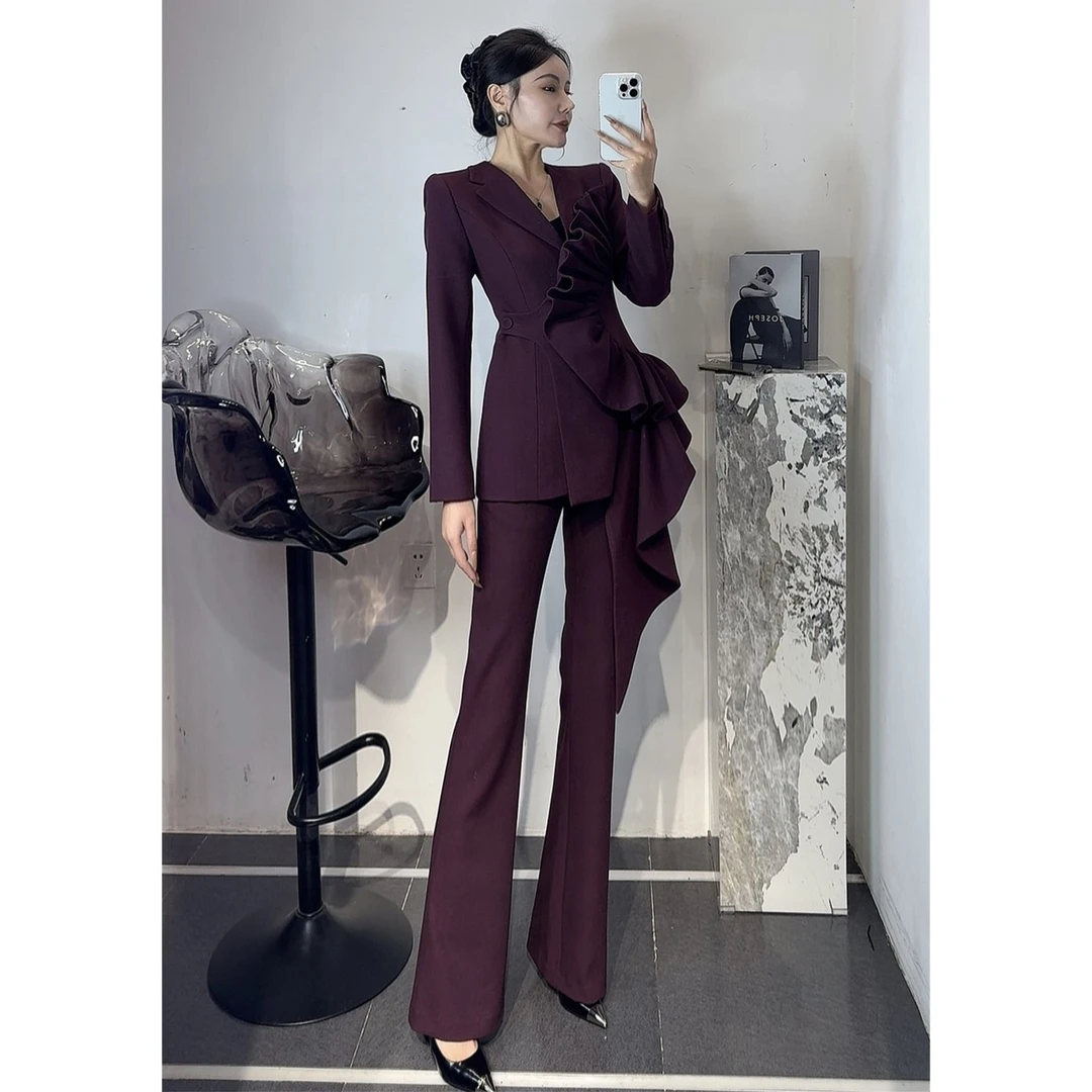 ZEROYK高级感西装套装御姐气质捏褶收腰不规则西装长裤职业两件套