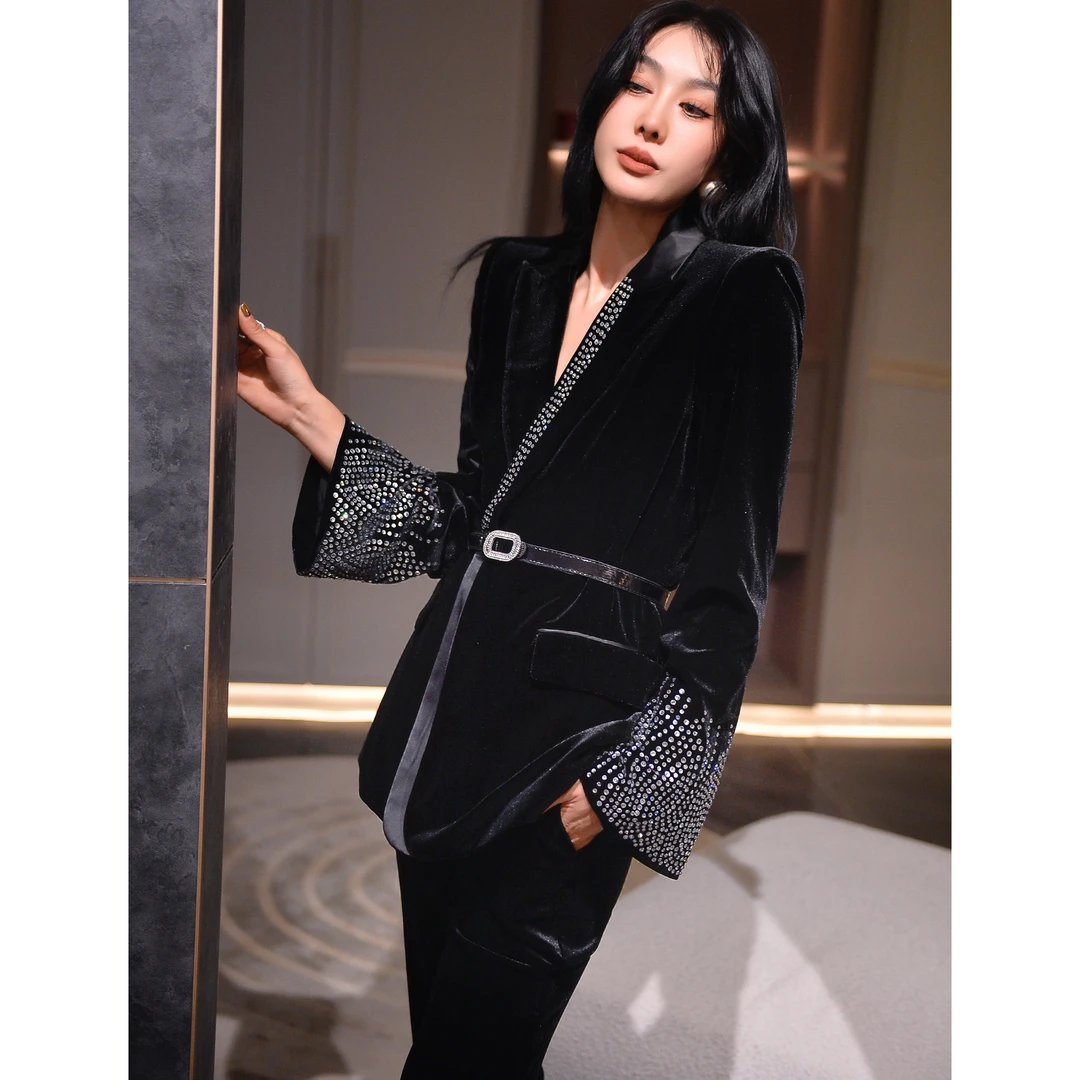 ZEROYK时尚套装2024秋季新款气质女神范重工钉珠丝绒西装长裤套装