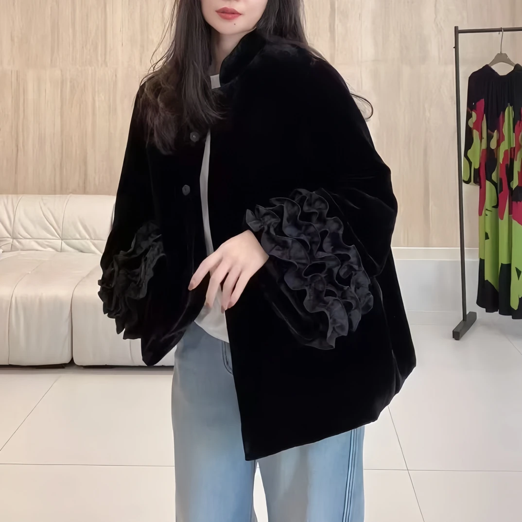 ZEROYK高级感时尚蚕丝丝绒棉衣女秋季新款名媛气质荷叶袖棉服外套