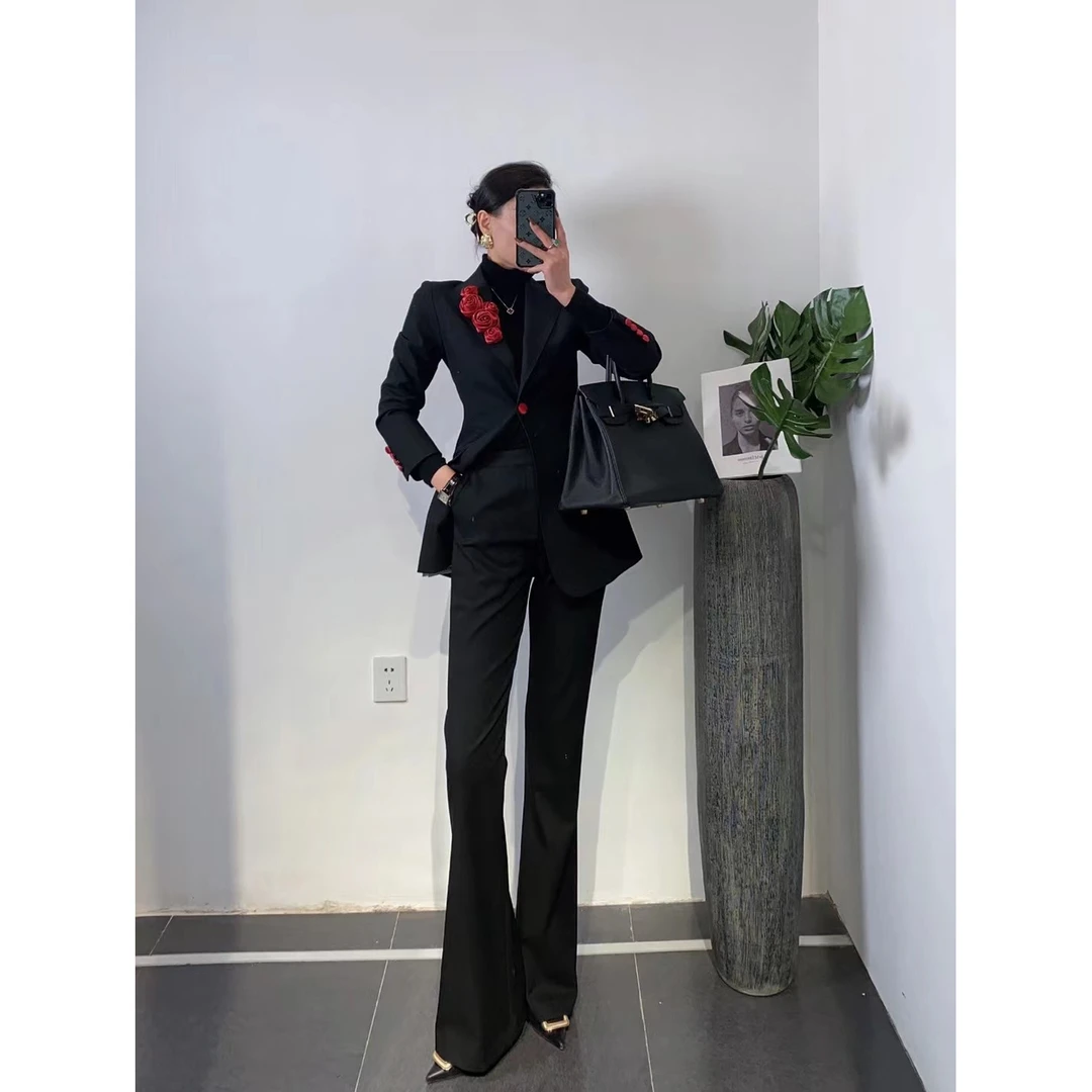 ZEROYK高级感时尚套装OL通勤职业装总裁气质收腰西装微喇裤两件套