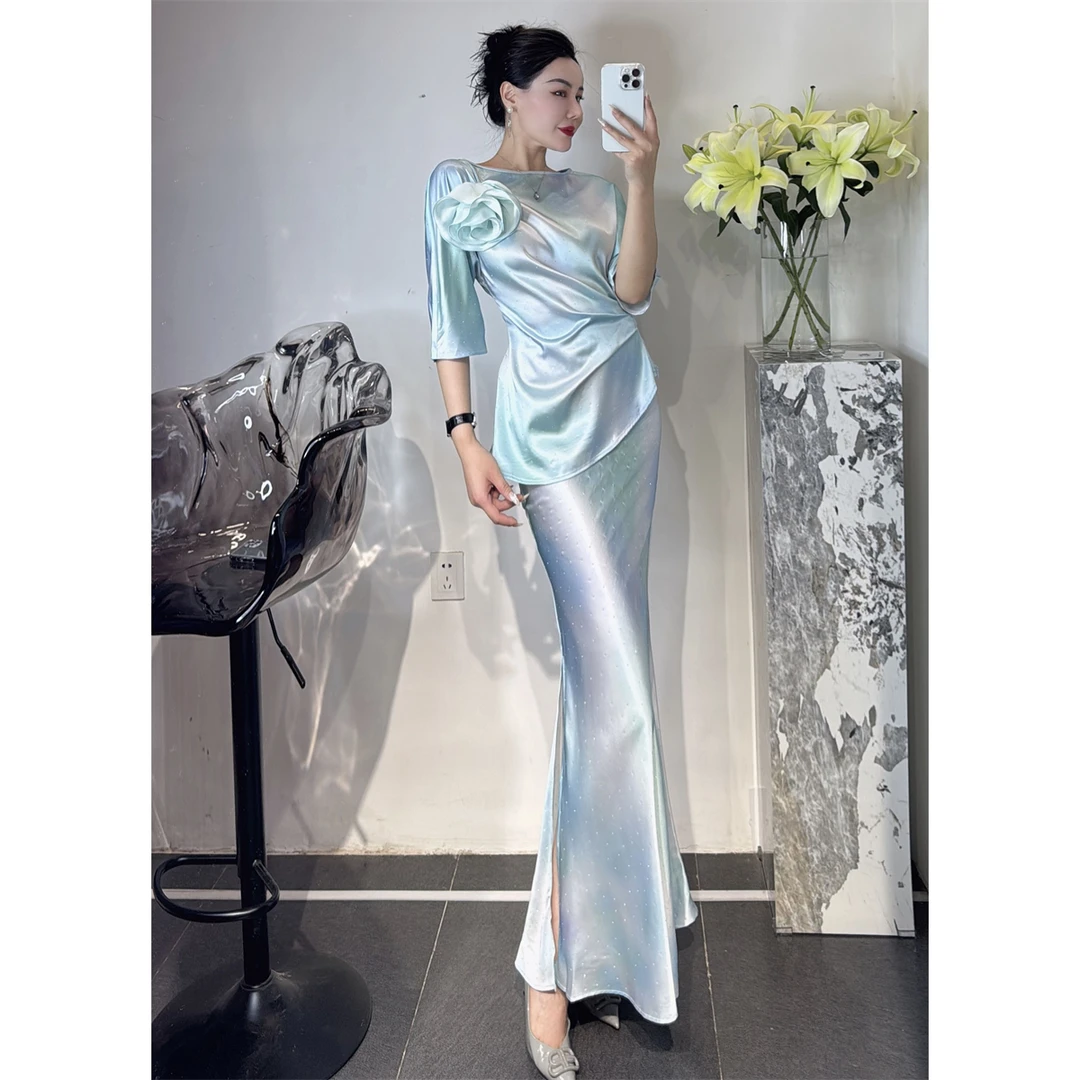 ZEROYK高定时尚套装绝美气质渐变色重工烫钻花朵上衣包臀裙两件套