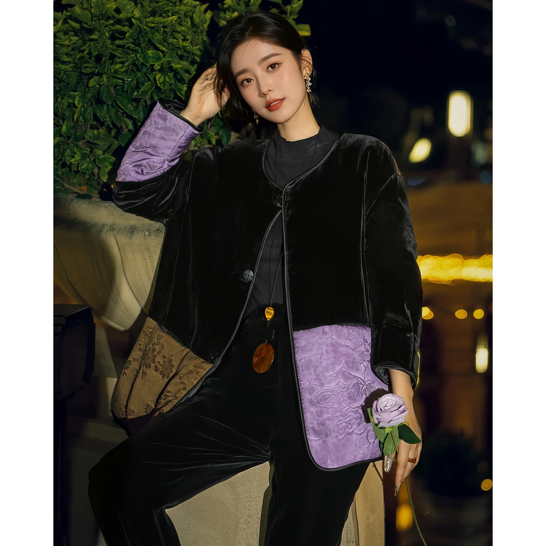 ZEROYK新中式时尚外套高级感女神范气质黑色丝绒拼接宽松百搭棉服