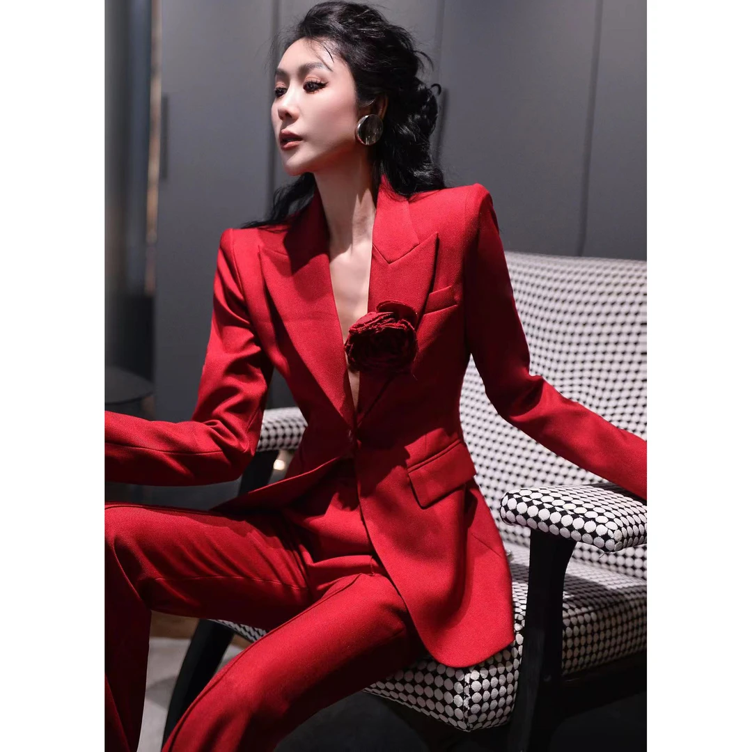 ZEROYK时尚套装女2025秋季设计感花朵修身西装阔腿裤通勤两件套