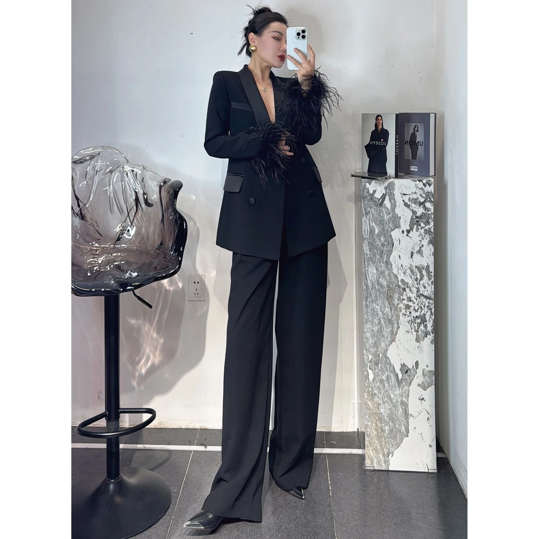 ZEROYK高定职业装女天使之翼黑色流苏重工西装阔腿裤时髦两件套