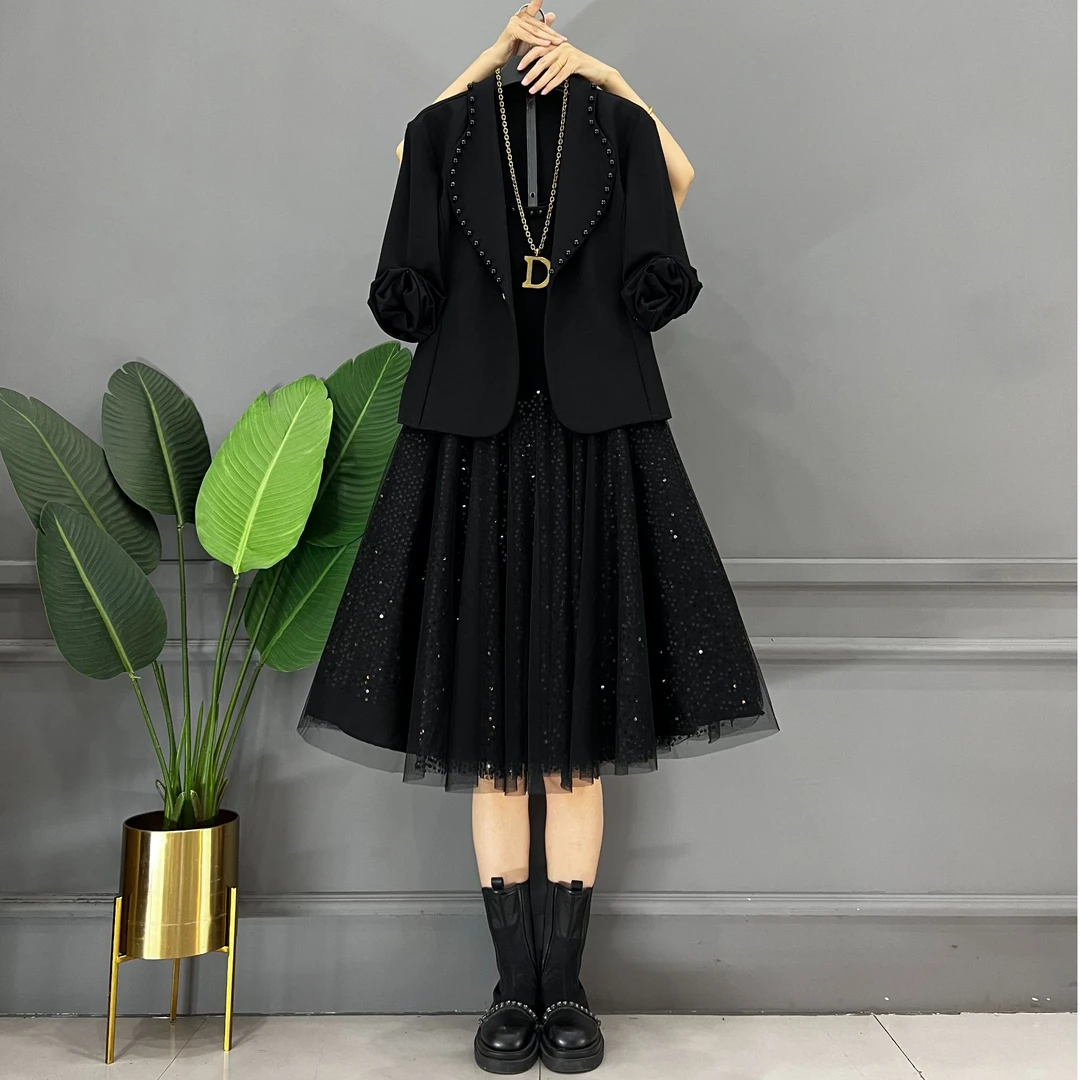 大码女装秋季新款时尚套装女韩版小香风钉珠西服外套连衣裙两件套