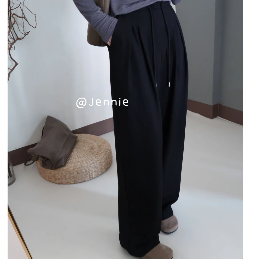 春秋简约高级黑色显瘦阔版西装裤双压褶垂感拖地百搭长裤