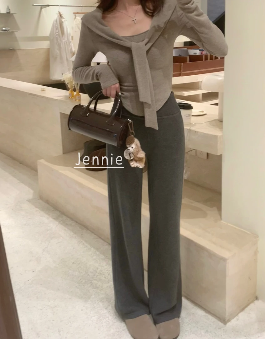 春秋绒感305g高腰垂垂裤简约绑带设计高弹显瘦气质网红休闲直筒裤