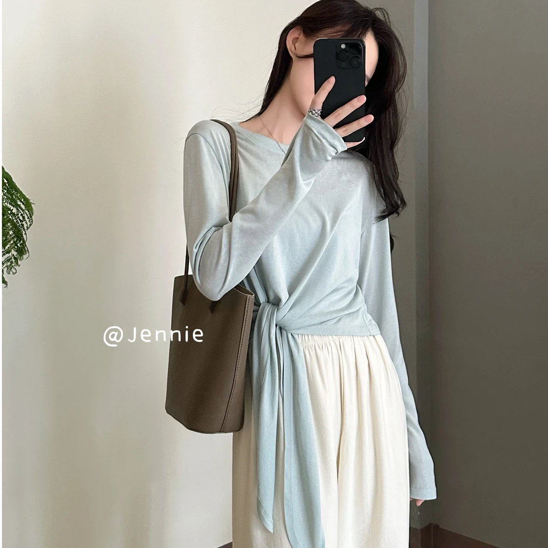 开春薄款雪花透感设计感绑带简约慵懒显瘦百搭纯色上衣