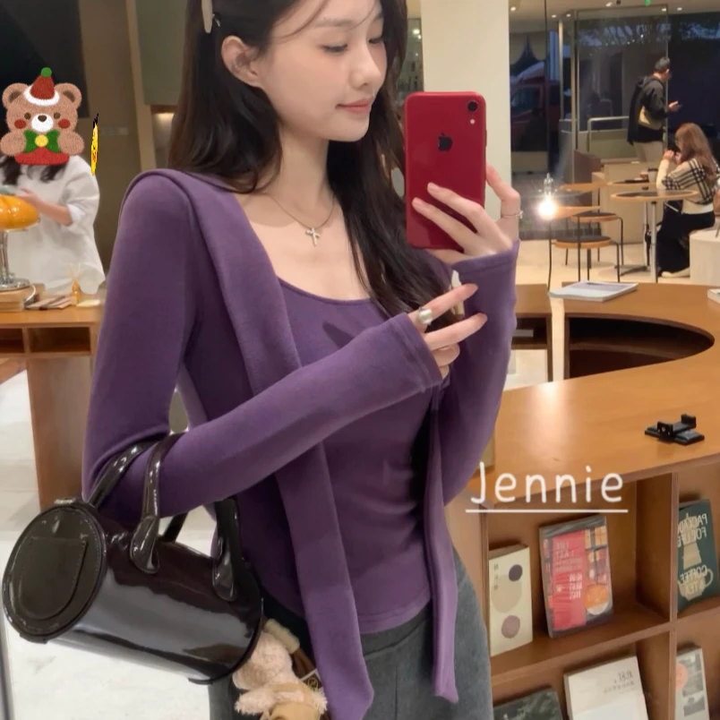 方领高级感披肩飘带一体德绒打底衫设计感百搭显瘦上衣