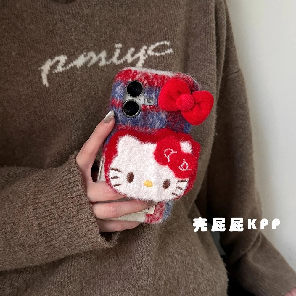 可爱毛绒蝴蝶结kt猫适用苹果16手机壳iphone15少女14promax秋冬13