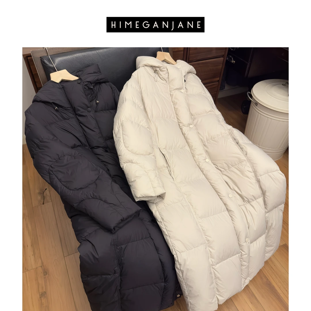 HIMEGANJANE 冬季御寒蓬松绵软连帽保暖长款羽绒服24018