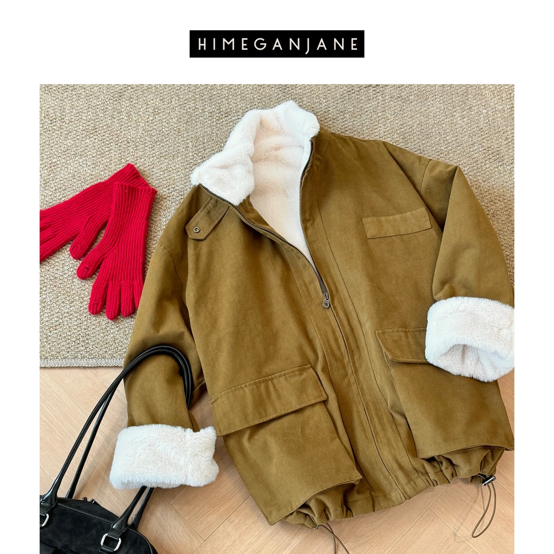 HIMEGANJANE 冬季保暖毛毛外套 廓形肌理感磨毛加绒棉服415870