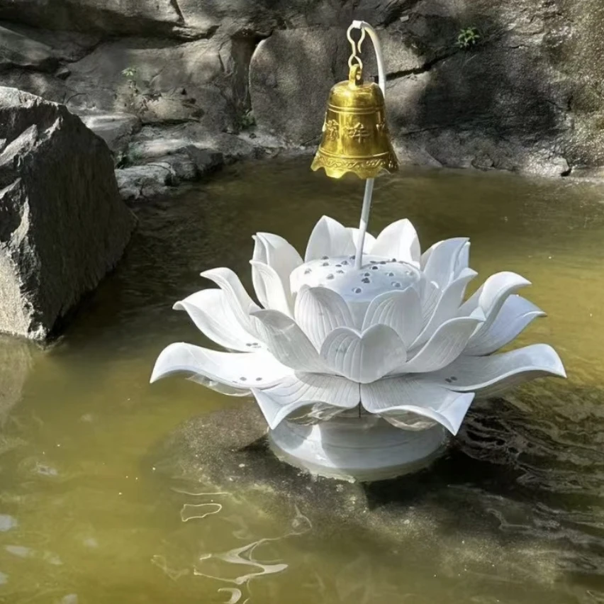 石雕喷水莲花喷泉户外庭院汉白玉喷泉晚霞红喷水荷花景观流水摆件