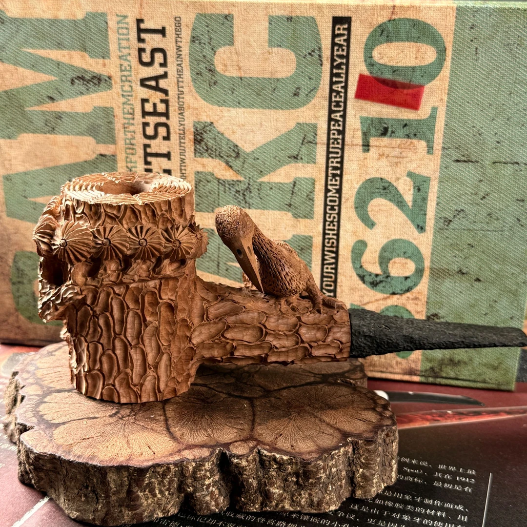 石楠木手工烟斗 百年老料 手工雕刻树桩和小鸟 可收藏