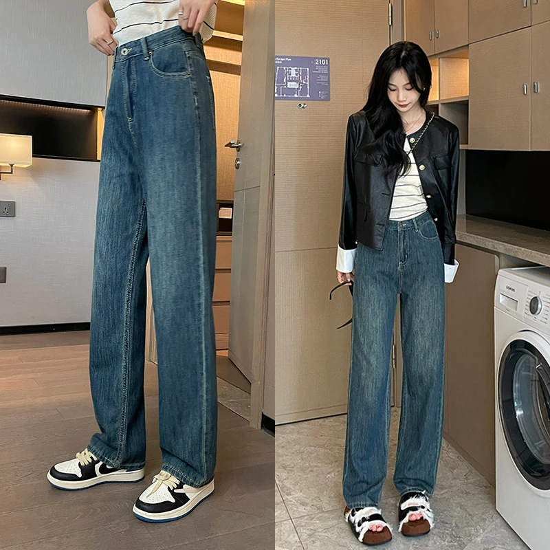 主曼丨复古阔腿牛仔裤女夏季2024年新款高腰直筒裤子薄料P203