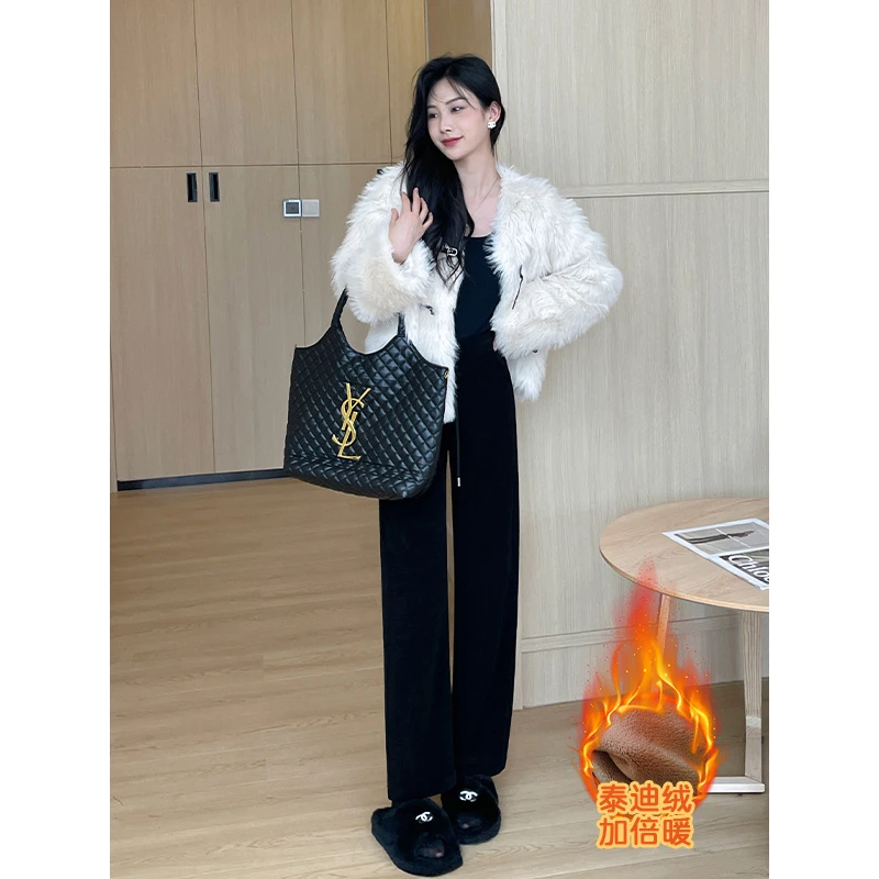 『YJ专属』雪尼尔窄版阔腿女2023秋冬新款百搭神裤直筒休闲高腰K887