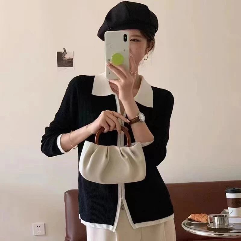 主曼丨撞色翻领双头拉链针织衫韩风毛衣女坑条显瘦长袖MY501