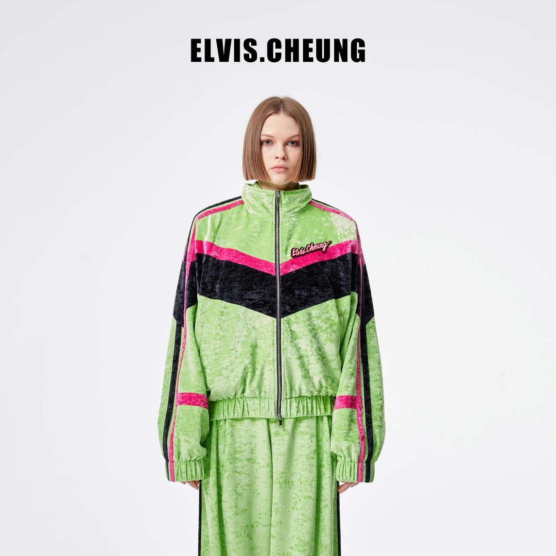 ELVIS.CHEUNG22秋冬复古丝绒三色设计师拼色球外套罗勒绿*达人