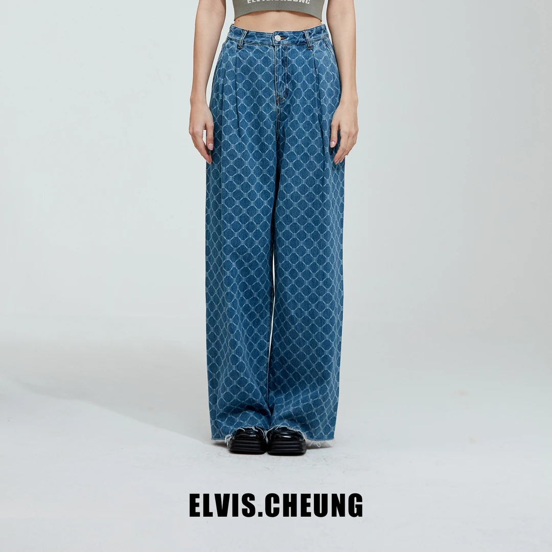 ELVIS.CHEUNG中蓝老花宽松时尚休闲复古水洗牛仔高腰阔腿裤