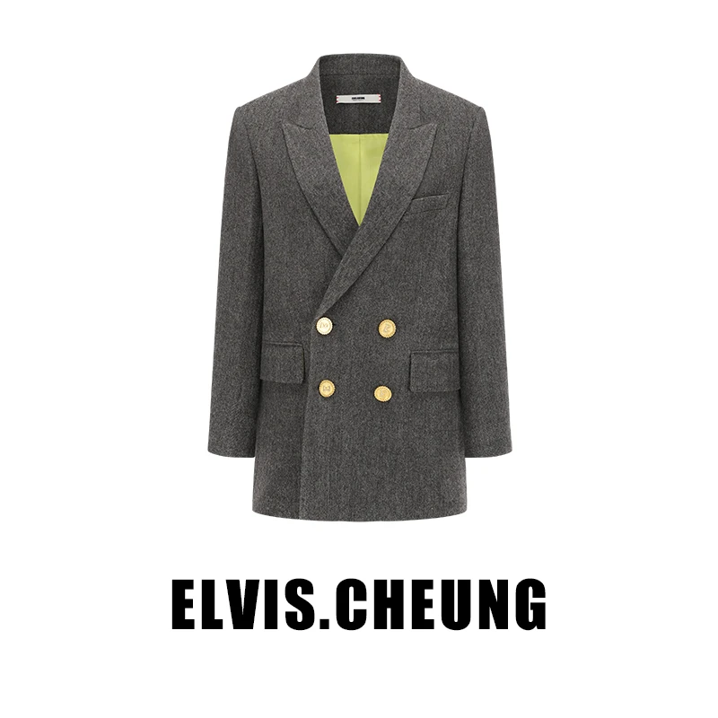 ELVIS.CHEUNG秋冬复古人字薄呢圆肩H版西装西服外套通勤*达人