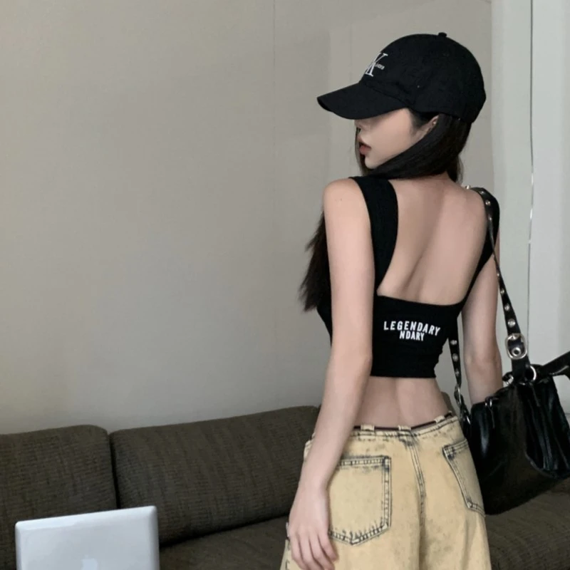 黑色字母印花无袖小背心女装夏季短款内搭设计感辣妹露背上衣外穿