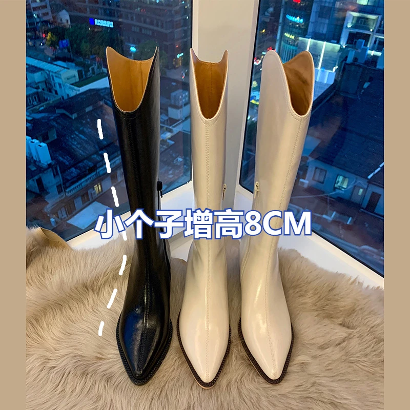 白色长筒靴女小个子150不过膝v口尖头骑士长靴小码313233